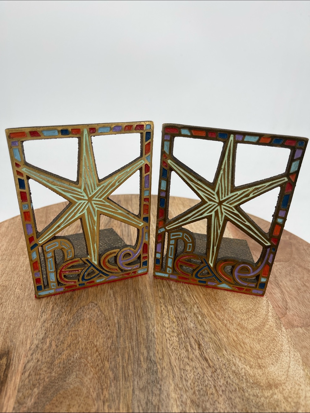 Vintage 1967 Star 'Peace' Brass Bookends in Multicolor Enamel